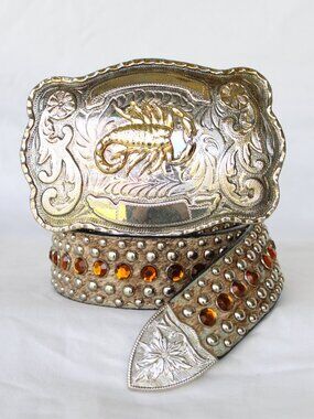 Scorpion silver tone Rodeo Belt buckle leather belt calf hair western studded